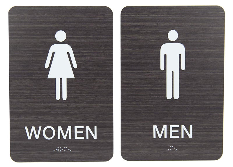 SBlabels Non-Accessible/Wheelchair Men & Women ADA Restroom (Bathroom) Sign Set w/Braille - Dark Wood - Image 1
